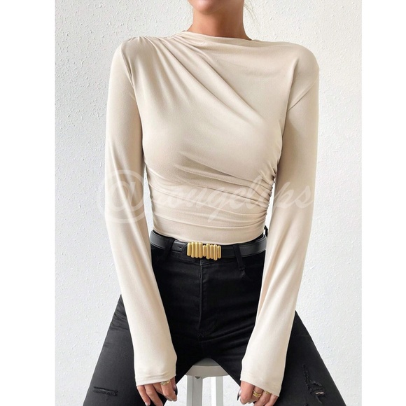 Ruched Asymmetric Beige Long Sleeve Bodysuit Slim Fit - Picture 5 of 8